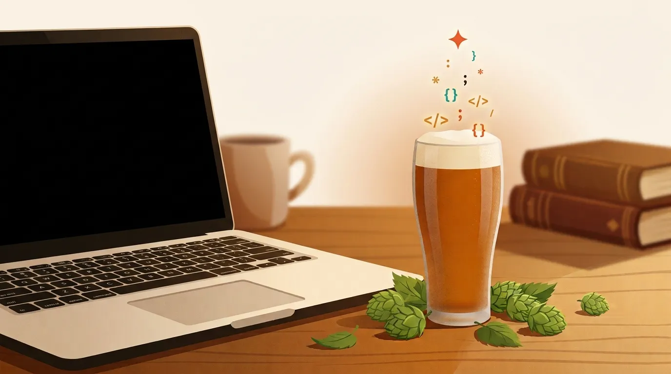 Un laptop con una barra di codice turchese accanto a un bicchiere di IPA ambrata; dalla schiuma salgono piccoli simboli di codice, con coni di luppolo sul tavolo di legno.